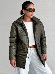 RueChic Drawstring Waist Zipper Puffer Coat - Khaki - View 4