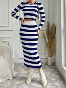 EURMUSE Women'S Striped Sweater + Skirt Two Piece Set - Multicolor - View 3