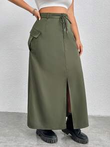 SHEIN EZwear Plus Size Utility Split Skirt - Army Green - View 7