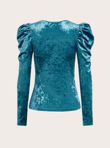 SHEIN Clasi Cổ vuông Nếp gấp Phần Ngực Tay áo Nhung Áo thun - màu xanh lá - Xem 2