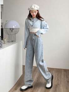 女式纽扣高腰直筒牛仔裤