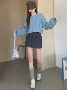 DAZY 女式落肩长袖毛衣，秋装 - 藍色 - 查看 6