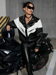PUNK 女款對比色長袖pu皮夾克 - 彩色 - 查看 6