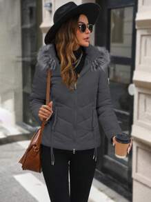 SHEIN LUNE 前拉链连帽加厚棉服外套冬季衣服带毛绒装饰 - 灰色 - 查看 4
