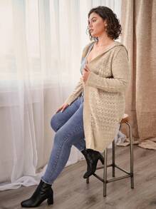 SHEIN LUNE Plus Size Knitted Hooded Cardigan With Polka Dots Pattern - Apricot - View 7
