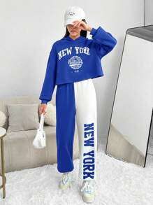 青少年女孩針織字母印花連帽運動衫與拼色運動褲套裝 - 寶藍色 - 查看 1