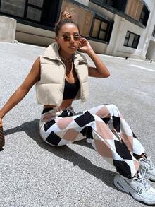 SHEIN EZwear Casual Sleeveless Cropped Padded Padded Coat, Solid Color, Versatile For Winter Clothes - Beige - View 7