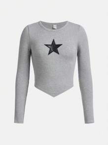 SHEIN Girlism 少女針織羅紋星星圖案 T 恤和褶襉工裝褲套裝,2 件/套 - 淺灰色 - 查看 6