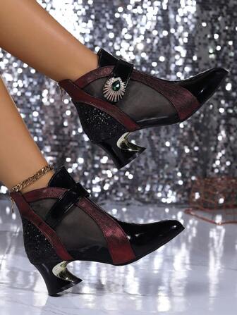 Women's Patent Leather Pointed Toe Chunky Heel Mesh Shoes,with Breathable Mid Heel Big Size High Heels & Rhinestone Decorated Fashionable Ankle Boots And Short Booties