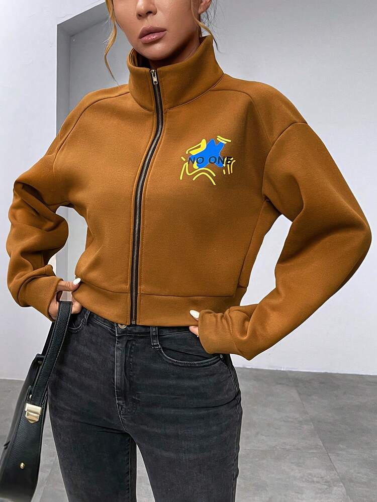 Women's Letter Printed Zip Front Sweatshirt Fall Sweatshirt