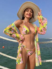 Swim Vcay 熱帶印花三角杯比基尼套裝和和服長袍 - 彩色 - 查看 4