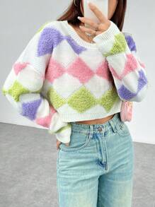 SHEIN EZwear Color Block Geometric Print Drop Shoulder Short Casual Sweater - Multicolor - View 1