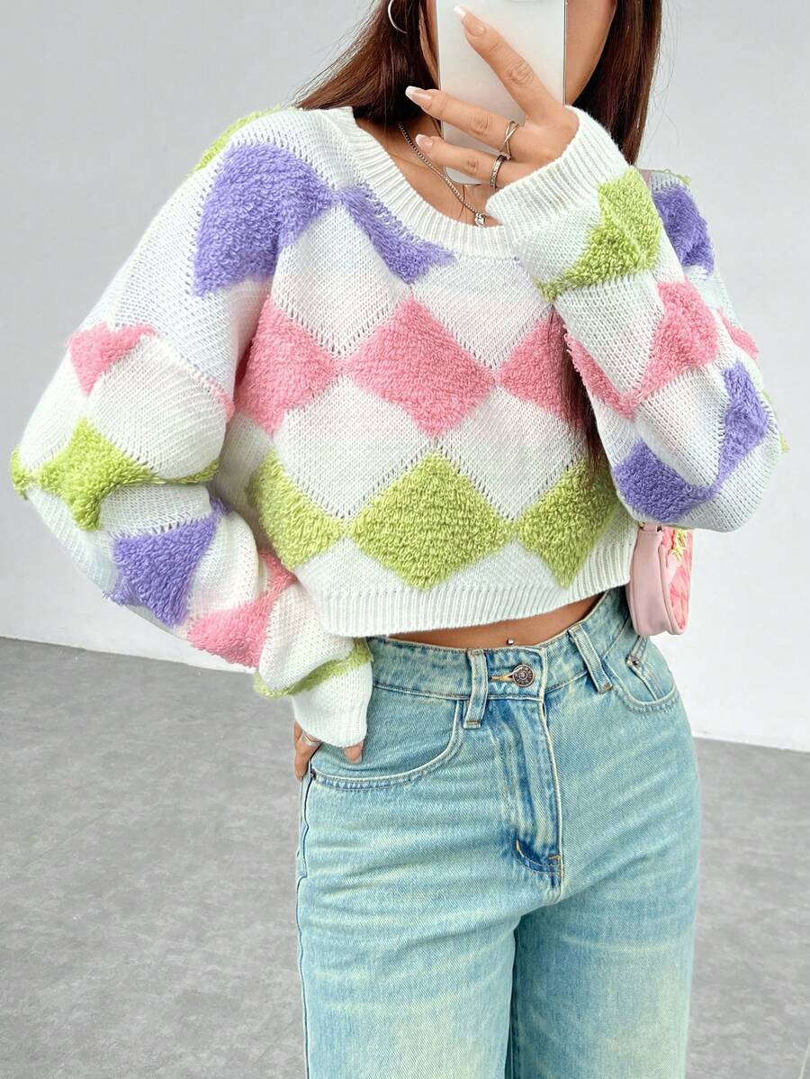 SHEIN EZwear Color Block Geometric Print Drop Shoulder Short Casual Sweater - Multicolor - View 1