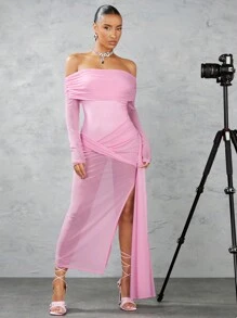 SHEIN BAE Women's Ruffle Draped Bodycon Dress With Front Slit And Sash Detail - Pink - View 4