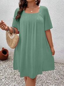 EMERY ROSE Plus Size Square Neck Short Sleeve Ruffled Bust Pleated Loose Straight Hem Elegant Casual Knee Length Dress