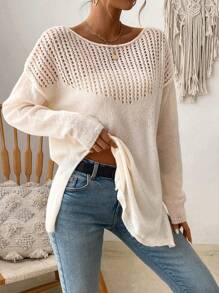 SHEIN LUNE Vòng cổ Màu thuần Giải trí Áo chui đầu Áo len - Màu be - Xem 3