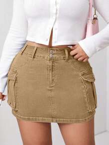 SHEIN ICON Plus Size Women's Denim Mini Skirt With Pockets And Utility Styling - Khaki - View 6