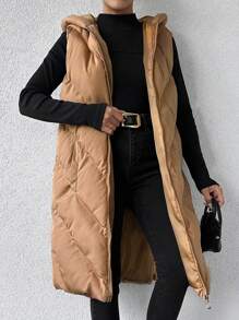 EURMUSE Women's Hooded Mid-length Vest - Camel - View 4