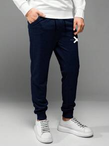 SHEIN Cottnline Men's Drawstring Jogger Pants With Text Print - Navy Blue - View 3