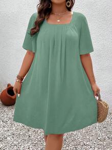 EMERY ROSE Plus Size Square Neck Short Sleeve Ruffled Bust Pleated Loose Straight Hem Elegant Casual Knee Length Dress
