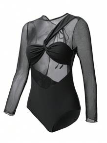 Swim SXY Traje De Baño De Una Pieza De Manga Larga Con Huecos Sólido De Color - Negro - Ver 3