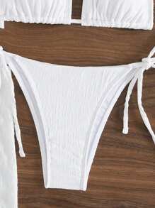 SHEIN Swim 纯色三角杯结饰侧面比基尼套装带罩衫婚礼夏季 - 白色 - 查看 8