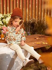 SHEIN Nhỏ bé Cô gái Thoải mái Thời gian rảnh rỗi con hổ & Thực vật In Áo nỉ Và Dài Quần Bộ - Màu be - Xem 6