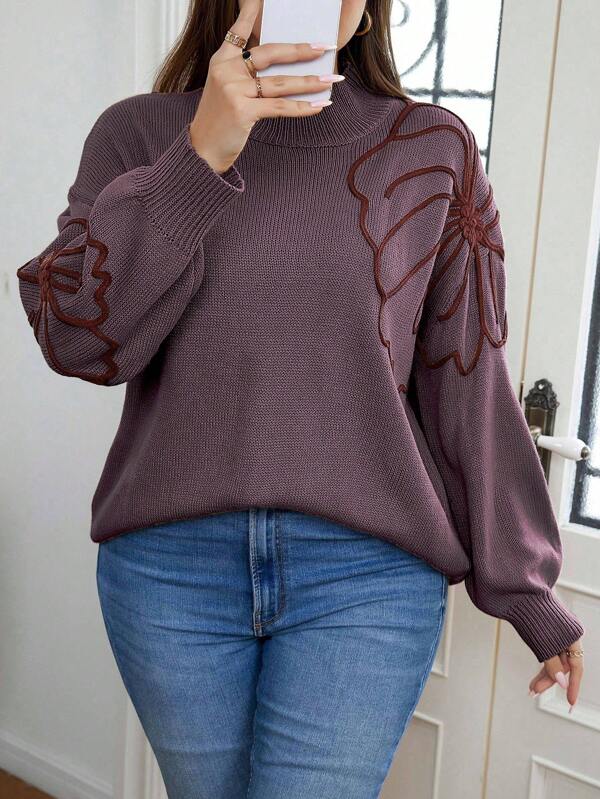 Celure Plus Size Floral Pattern Stand Collar Sweater