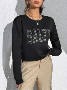 SHEIN Unity Áo nỉ ngắn tay nữ dày dặn in chữ, kiểu dáng mùa thu. - màu đen - Xem 3