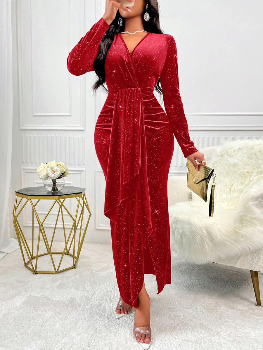 SOLERSUN Treo Chi tiết Tay áo dài Sáng bóng Nhung Đầm - Đỏ - Xem 1