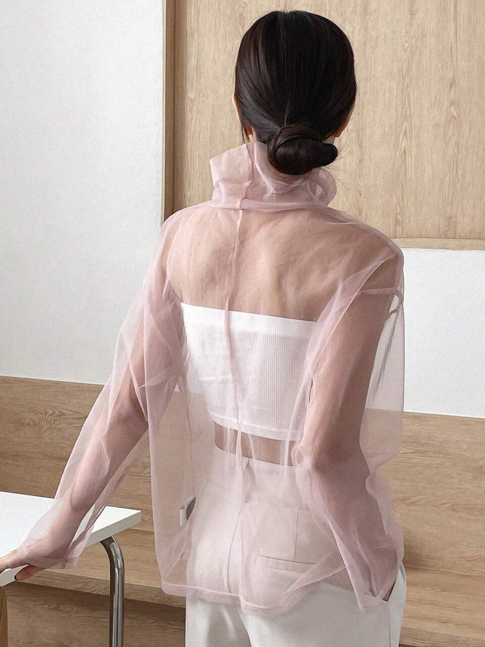 High-neck Sheer Mesh Perspective Long Sleeve Top
