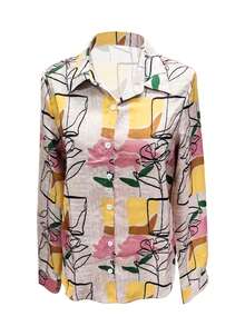 新款春秋季花卉印花反領休閒寬鬆親膚長袖襯衫 - 淺灰色 - 查看 3