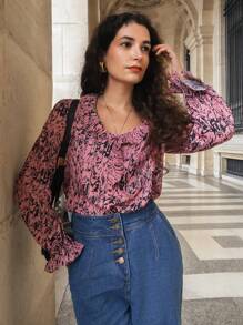 SHEIN Frenchy Ladies All Over Printed Ruffle Shirt