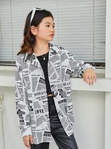 SHEIN Tween Girls' Loose Fit Newspaper Print Casual Shirt - Black and White - View 5
