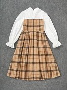 SHEIN 青少年女孩格紋印花荷葉袖洋裝不附腰帶