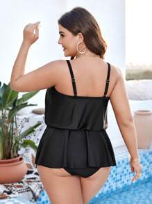 Swim Lushoire Plus Size Solid Color Bikini Set With Ruffled Trim, Backless Tank Top Style Carnival Summer