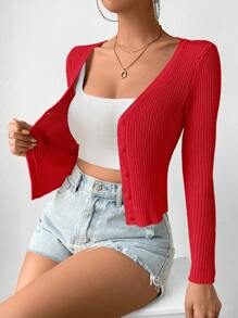 SHEIN Frenchy 女士修身款條紋針織開襟毛衣 - 紅色 - 查看 7