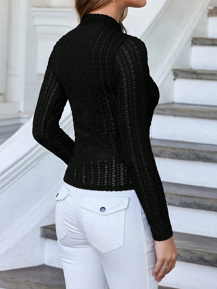 Solid Color Half High Neck Long Sleeve Tight Fitting Top