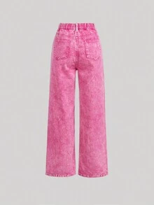 SHEIN 少女仿舊斜口袋闊腿牛仔褲 - 淺色水洗藍 - 查看 2