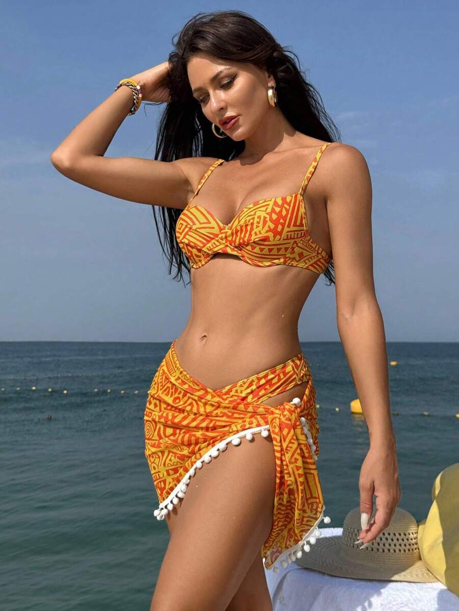 SHEIN Swim Two-Piece Bikini Set Decorated With Summer Beach