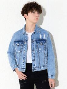 Teen Boy Denim Jacket New Fashion Casual Ripped Washed Jeans Outerwear - Medium Wash - View 3