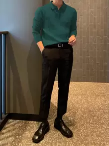 JOLTRO Camisa Polo De Color Sólido Para Hombres - Verde Oscuro - Ver 3