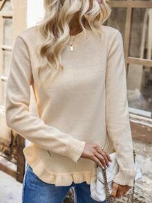 SHEIN LUNE 荷葉邊長袖毛衣 - 杏色 - 查看 5