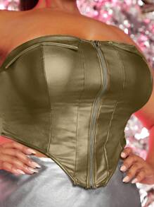 SHEIN SXY Plus Size Solid Color Strapless Top With Zipper & Asymmetrical Hemline