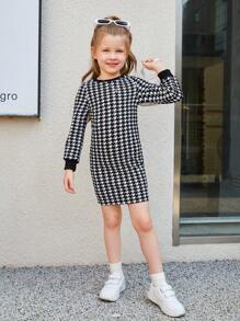 女童運動風針織圓領a字裙,獵鷹牙格紋紋路,適合街頭風格 - 黑色 - 查看 3