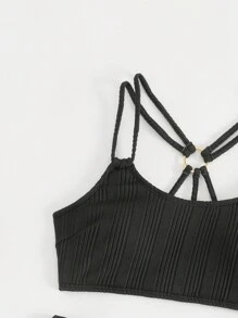 SHEIN Swim סט ביקיני מופרד עם שרוך לנשים עם דפוס צלעות קיץ ביץ' - שחור - ראה 3