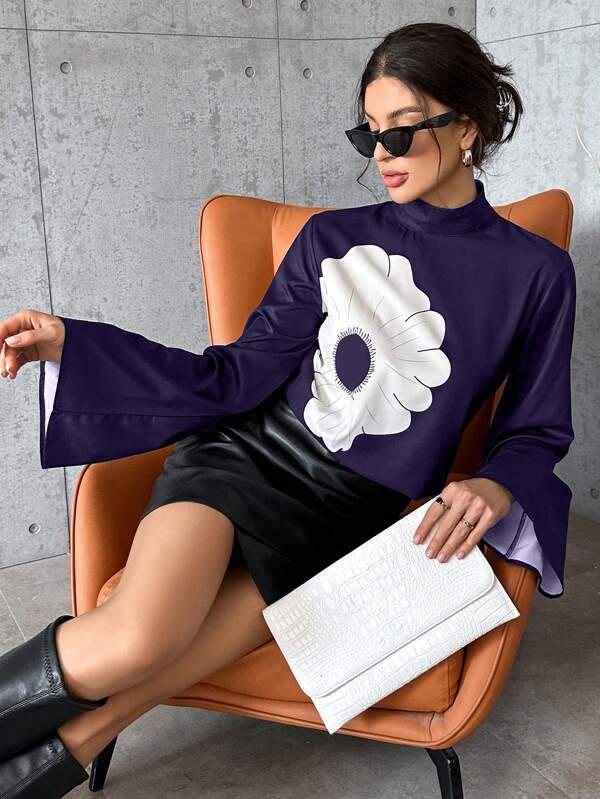 SHEIN Privé Women's Stand Collar Floral Print Bell Sleeve Shirt