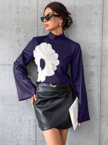 SHEIN Privé Women's Stand Collar Floral Print Bell Sleeve Shirt - Navy Blue - View 4