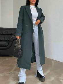 RueChic Double-breasted Fake Pocket Long Woolen Coat - Dark Grey - View 1