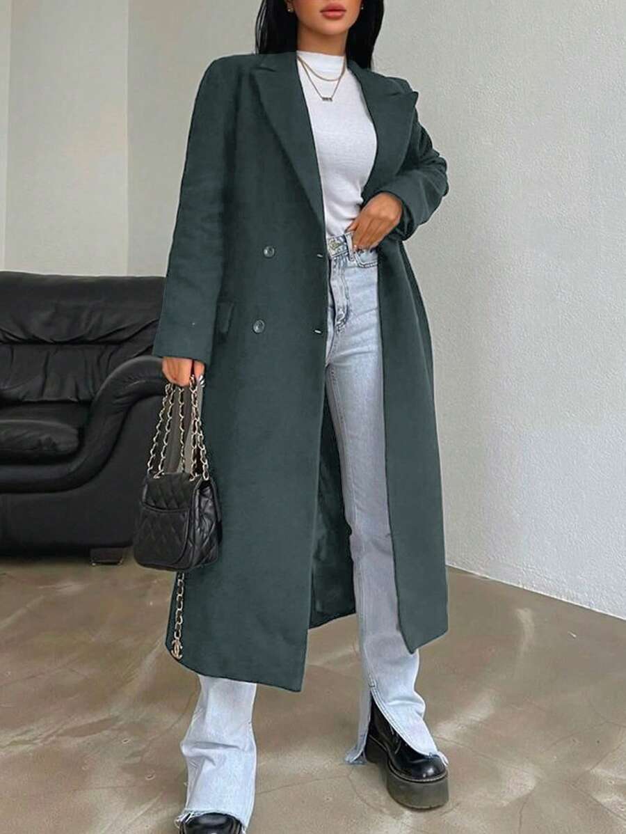 RueChic Double-breasted Fake Pocket Long Woolen Coat - Dark Grey - View 1